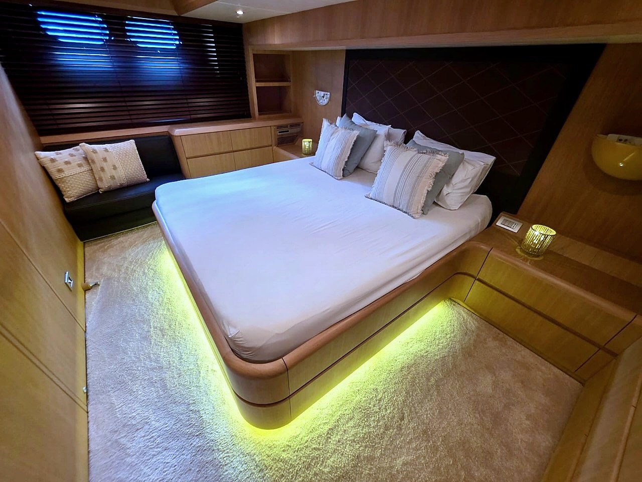 Master cabin with ambient lighting on the Limitless yacht