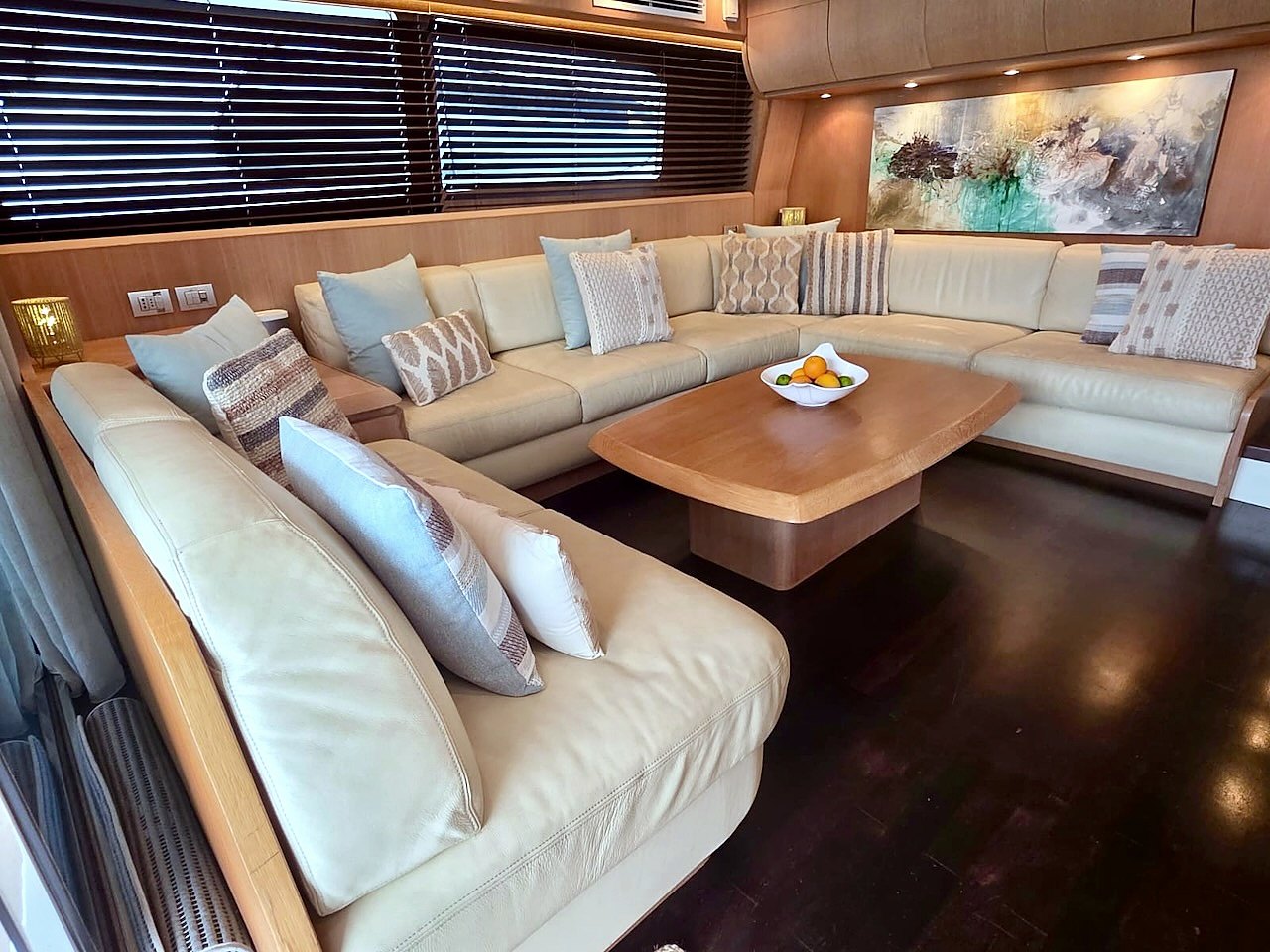 Salon seating area aboard the Limitless yacht