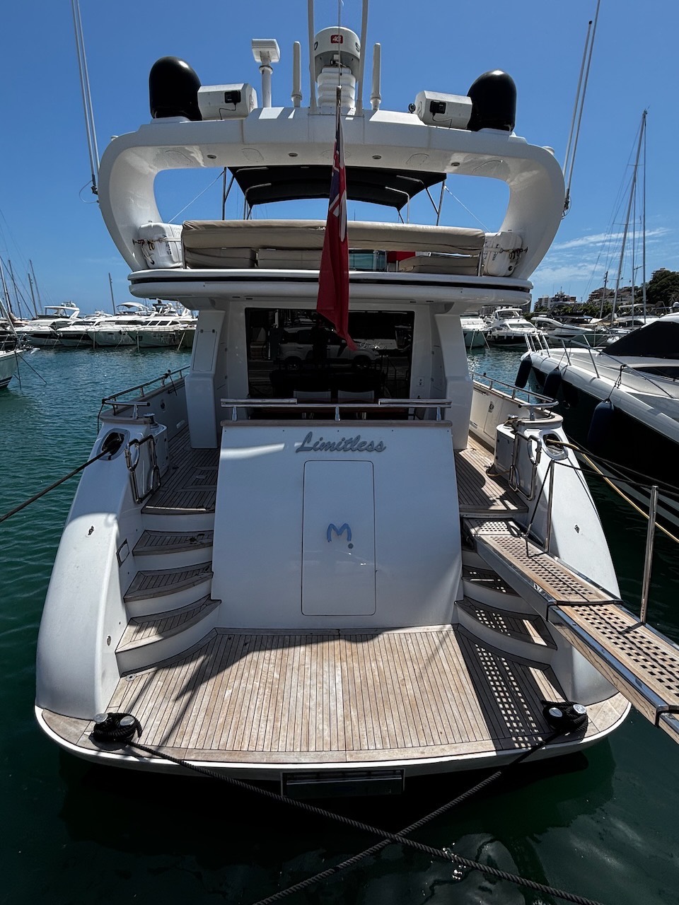 Stern of the Limitless yacht berthed at Club de Mar, Mallorca