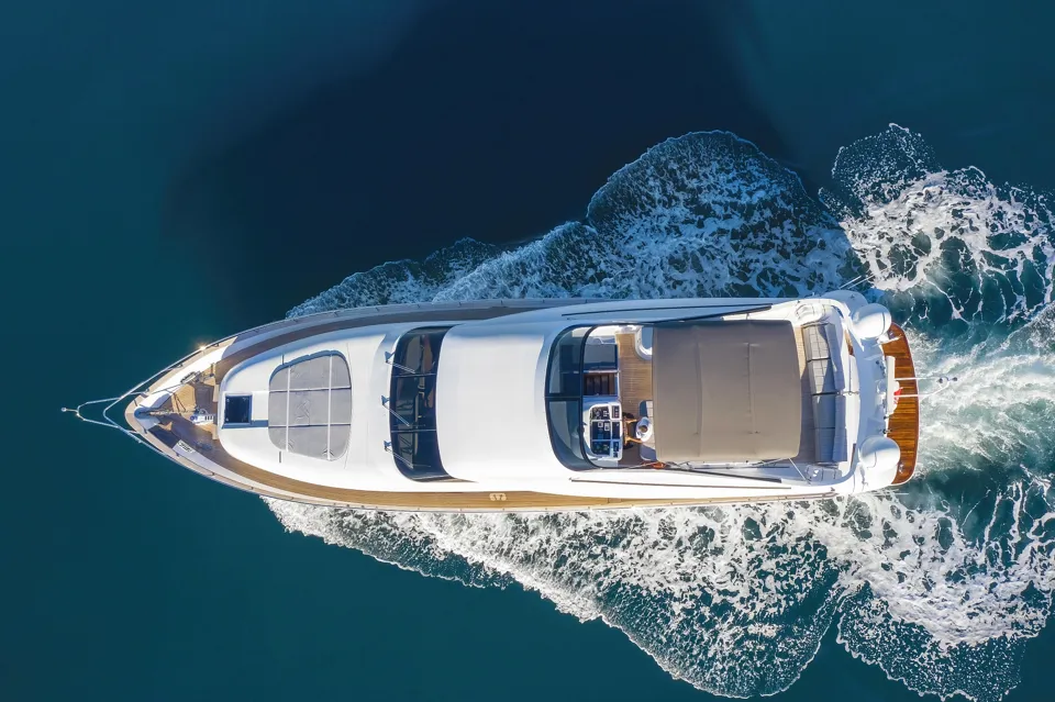 Aerial top view of the Limitless Maiora yacht